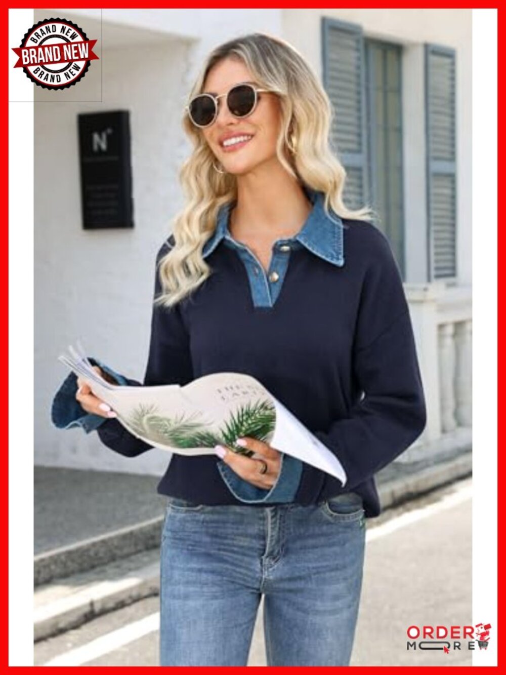 Oversized V-Neck Collared Button Pullover Sweater - Picture 2 of 6